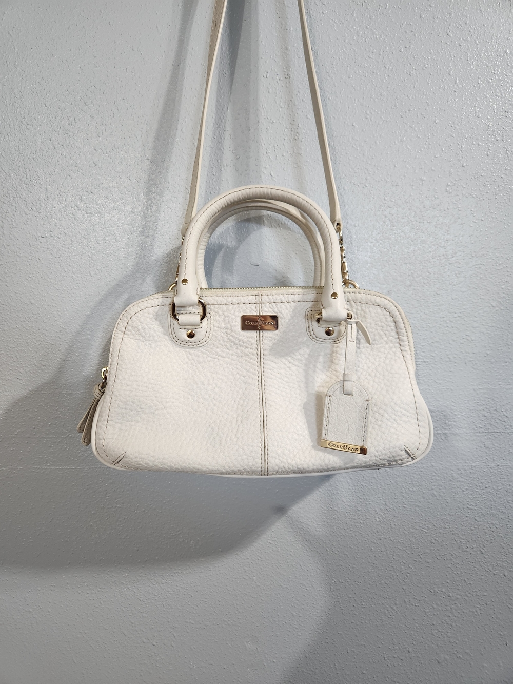 Cole Haan Cream Pebbled Leather Satchel Triple Pocket Shoulder Strap